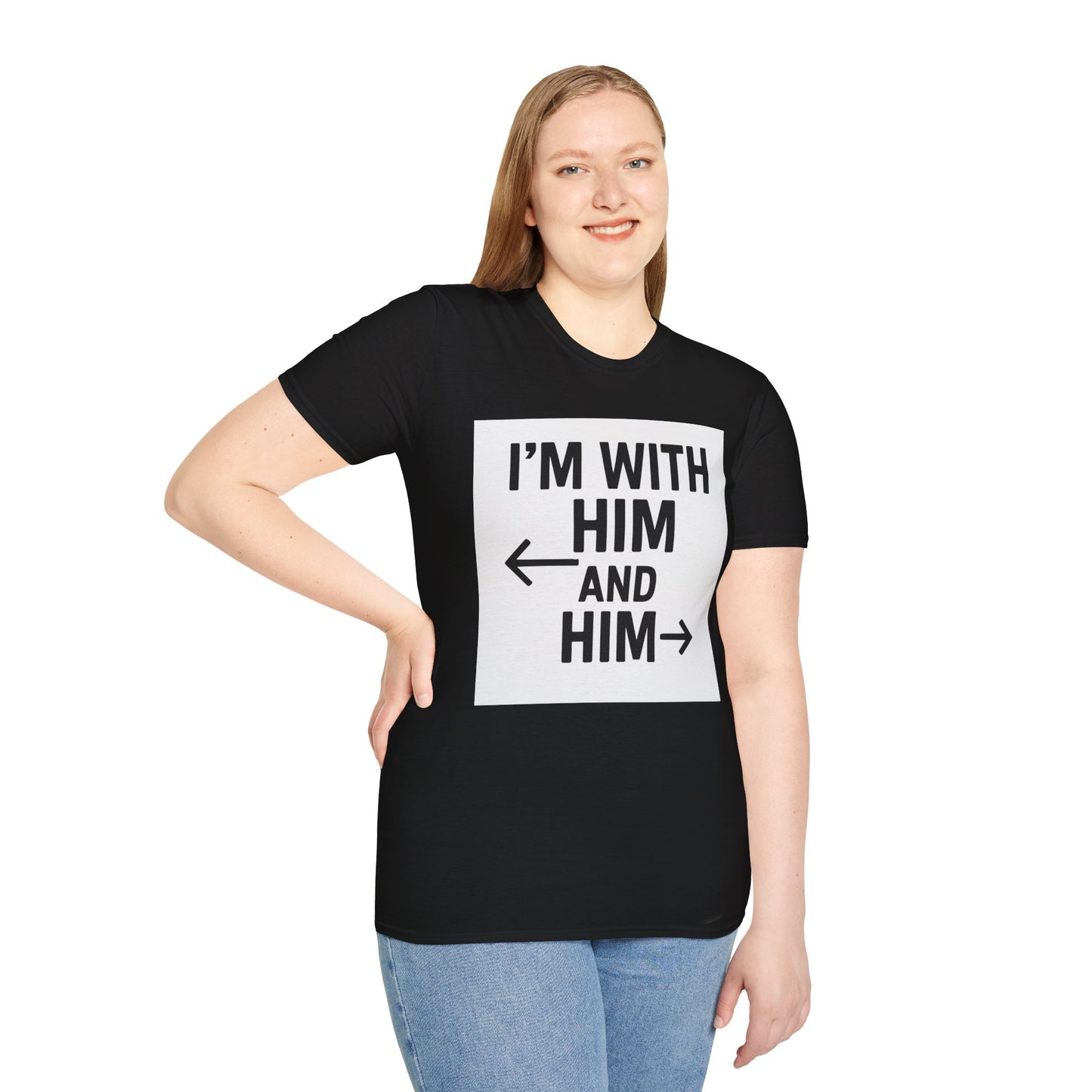 Unisex Pride T-Shirt - I'm With Him and Him, Poly and EMN Apparel
