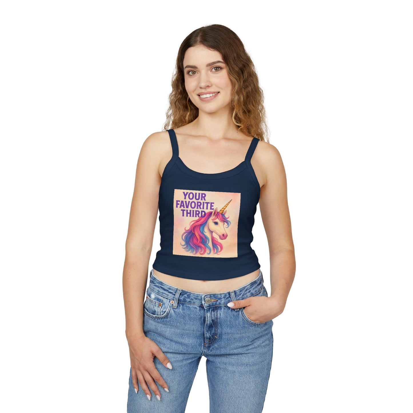 Your Favorite Third Tank Top – Funny Unicorn Poly Pride Womens Spaghetti Strap Tank, Queer Whimsical Festival Shirt