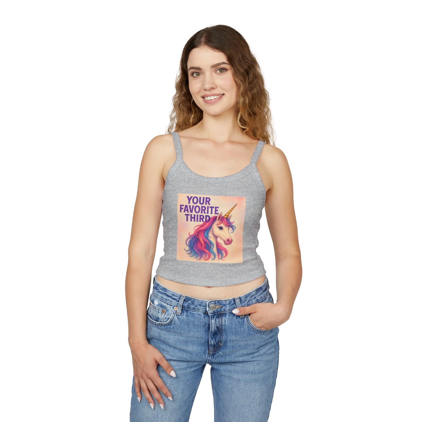 Your Favorite Third Tank Top – Funny Unicorn Poly Pride Womens Spaghetti Strap Tank, Queer Whimsical Festival Shirt